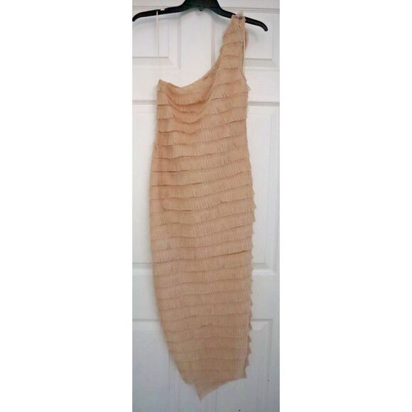 Kimchi Blue x Urban Outfitters Sz M Beige Layered Sheer One Shoulder Dress - Picture 2 of 7